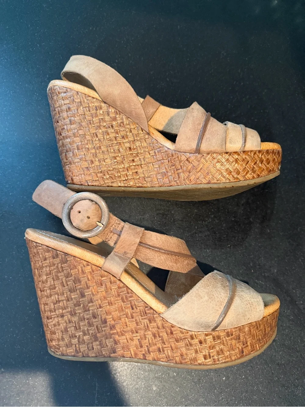 Naya tan leather wedge sandals size 7 with buckle detail